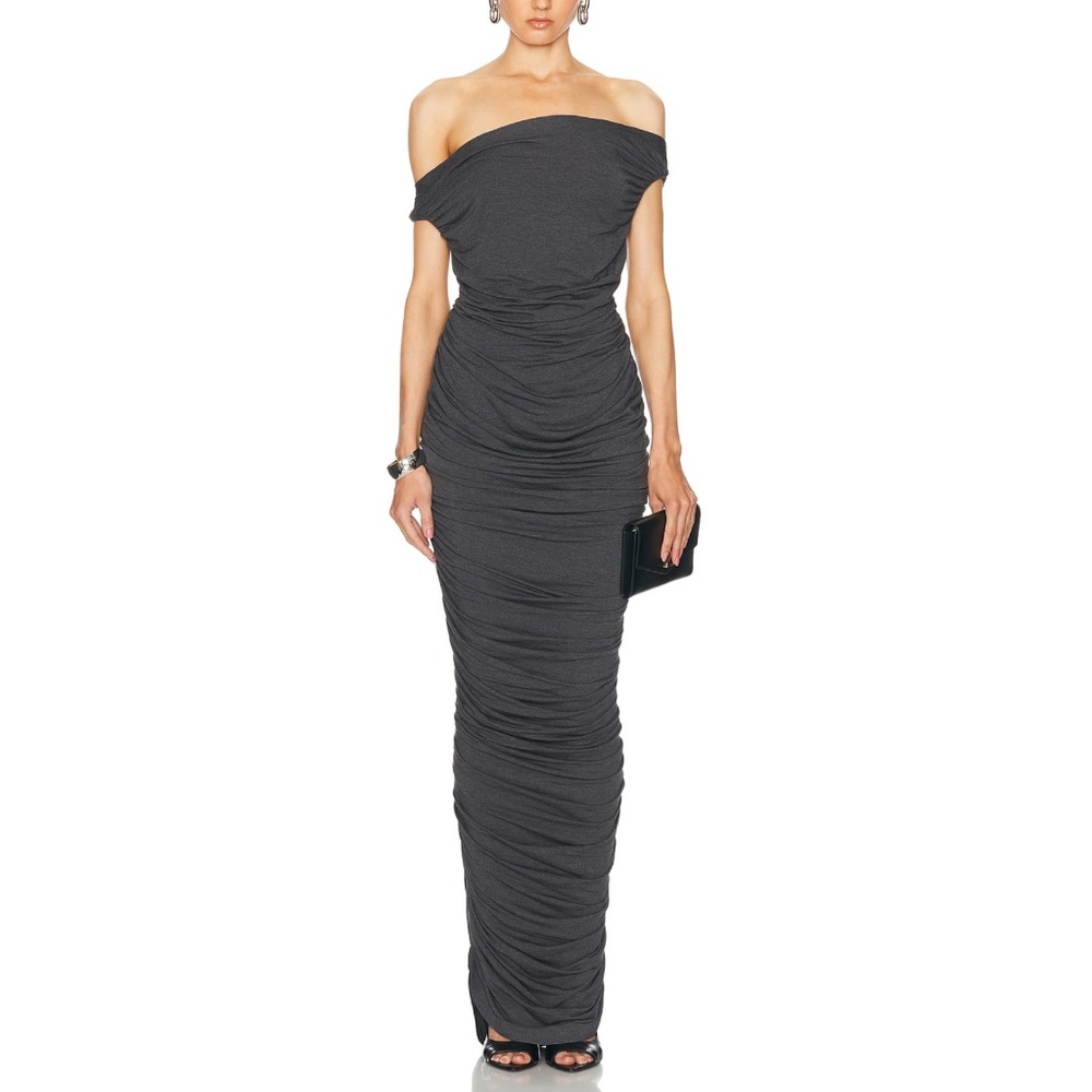 Norma Kamali Off-Shoulder Ruched Charcoal Gown